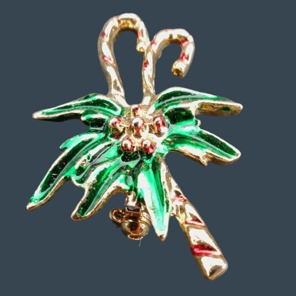 Christmas Candy Cane Pin Brooch Holly Berry Vintage Holiday Jewelry Gold Enamel - Picture 1 of 5